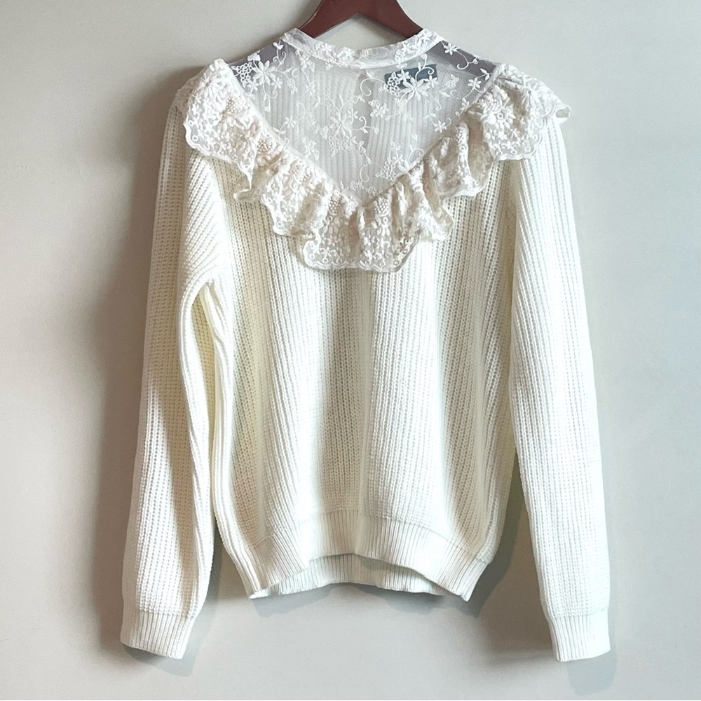 Alice Blue Sweater Pull Over Sheer Layered Floral Lace Ruffles Ribbed Knit XL